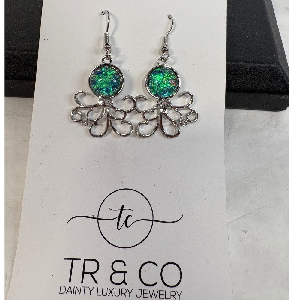 TR & CO Silver Tone Green Dichroic Octopus Drop Earrings Nautical Jewelry NEW